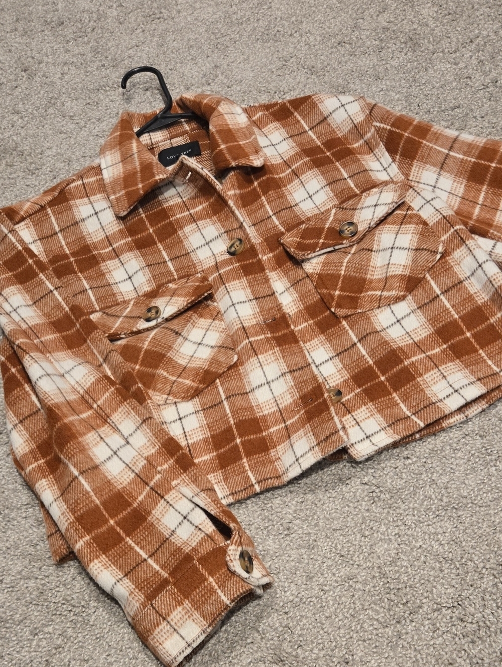 Love Tree Brown and Cream Plaid Cropped Shacket